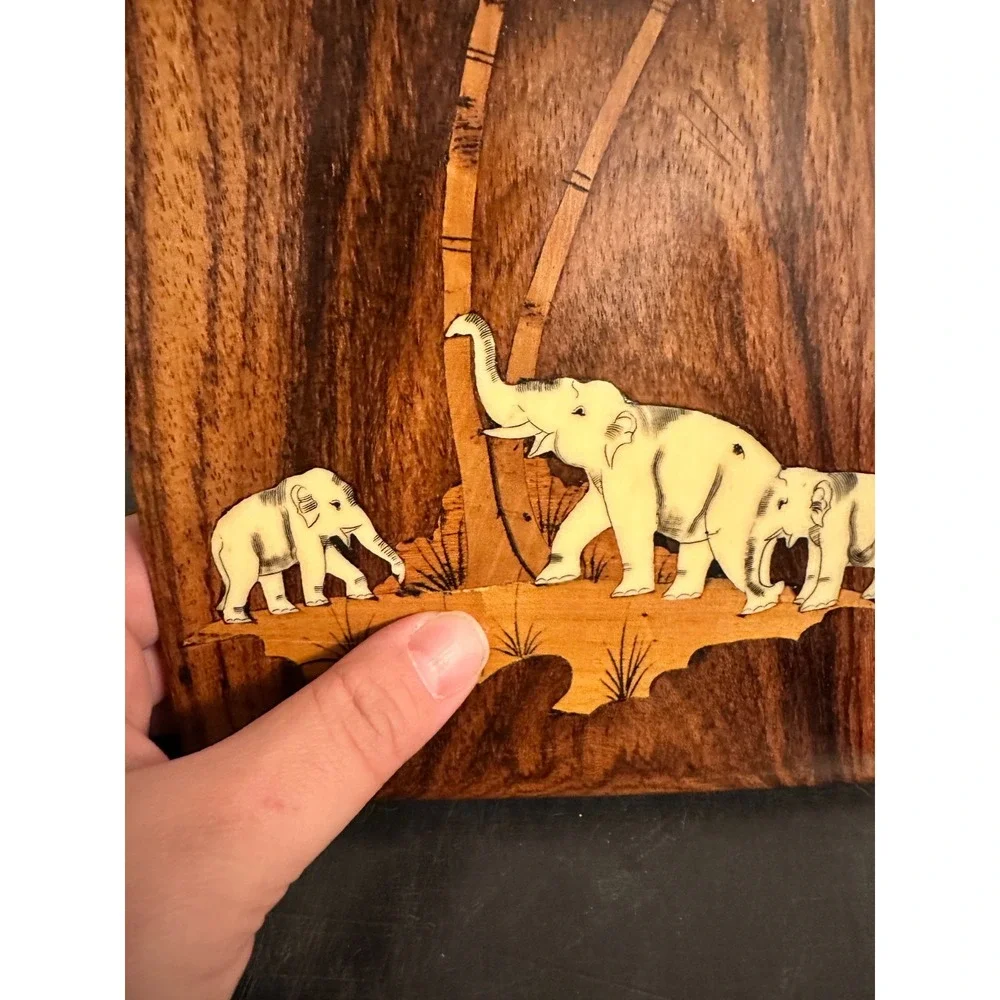 Vintage Wood Marquetry Wall Art Plaque‎ Elephant Palm Tree Inlay Brown Safari